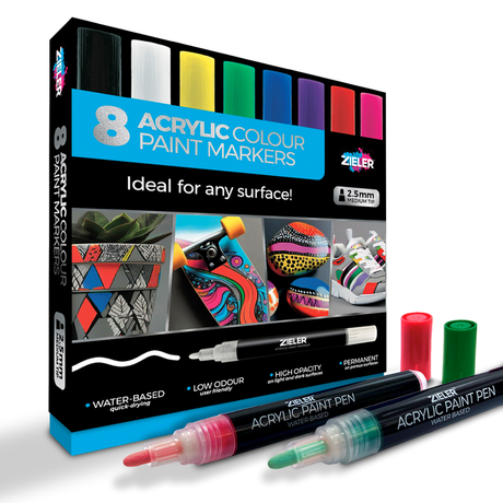 Zieler Acrylic Colour Paint Markers Medium Tip - Brights (8 Pack)