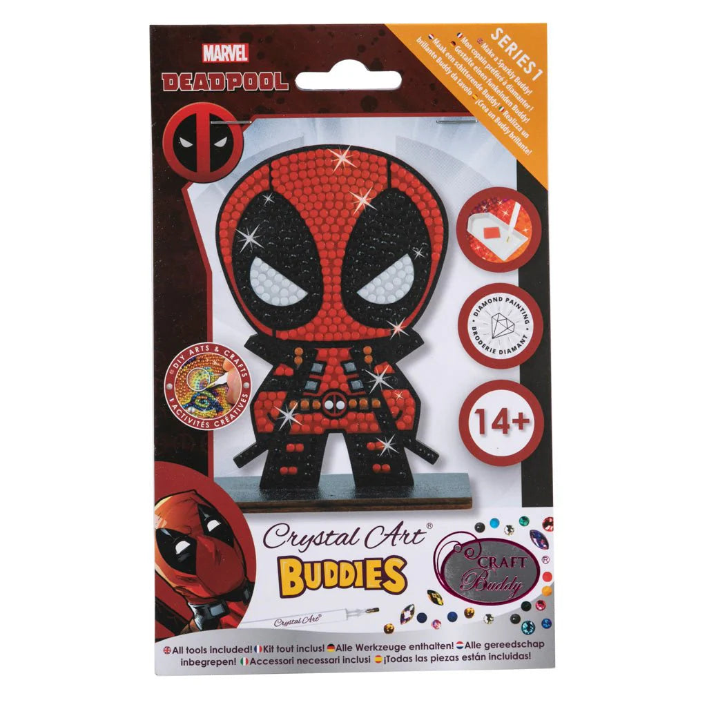 Packaged Crystal Art Buddies Deadpool craft kit with colorful design and Marvel branding.