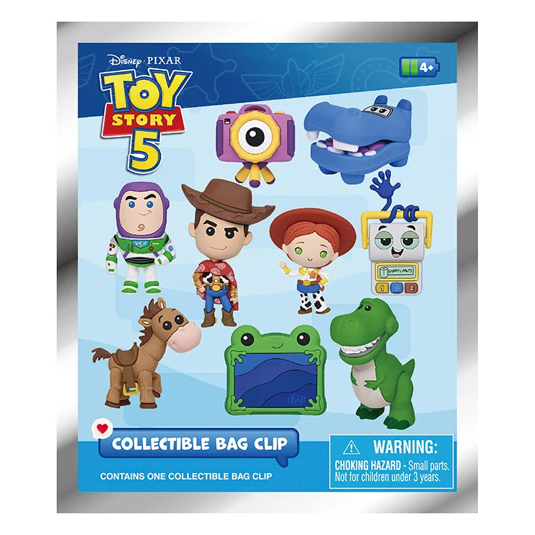 A Toy Story 5 collectible bag clip package featuring character graphics including Buzz Lightyear, Woody, Jessie, Rex, Bull, and Bo Pea on a light blue background with a silver border.