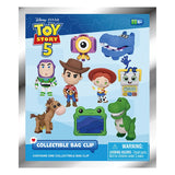A Toy Story 5 collectible bag clip package featuring character graphics including Buzz Lightyear, Woody, Jessie, Rex, Bull, and Bo Pea on a light blue background with a silver border.
