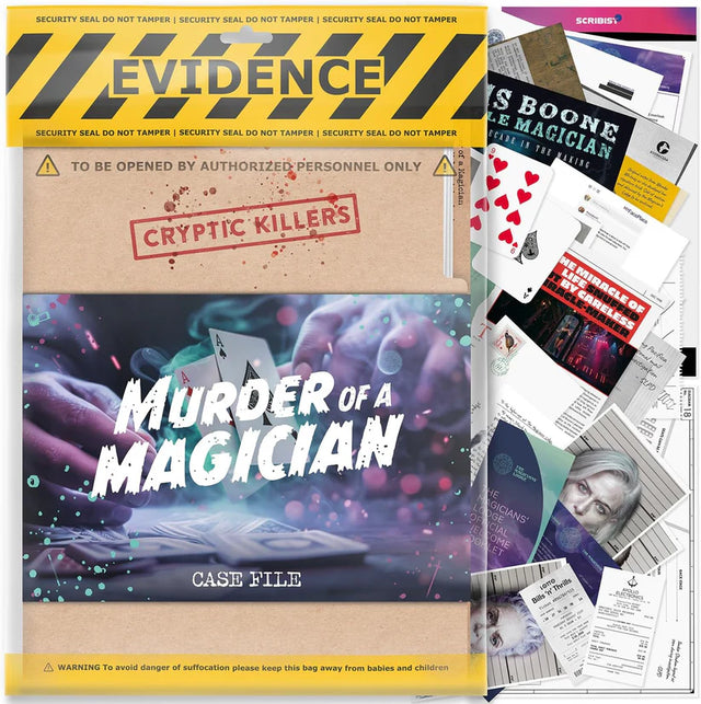 Game box for 'Murder of a Magician' with evidence and documents.
