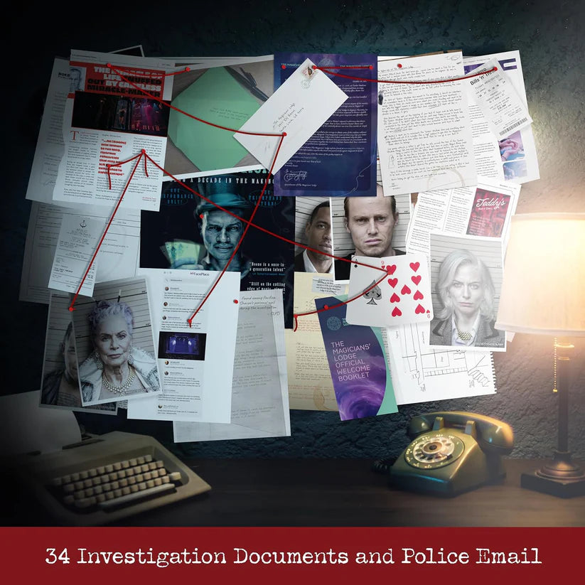Collage of investigation documents, photos, and a typewriter on a desk with a warm light.