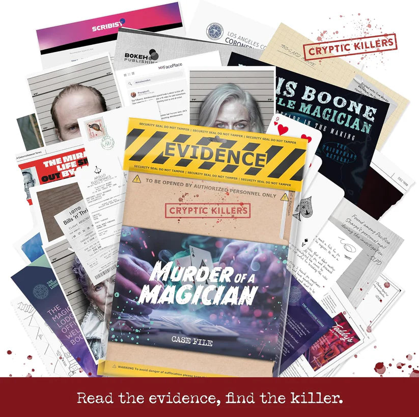 Collage of 'Murder of a Magician' mystery game evidence cards and materials.