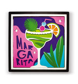 Colorful illustration of a margarita with leaves and a pink background, featuring the word 'Margarita'.