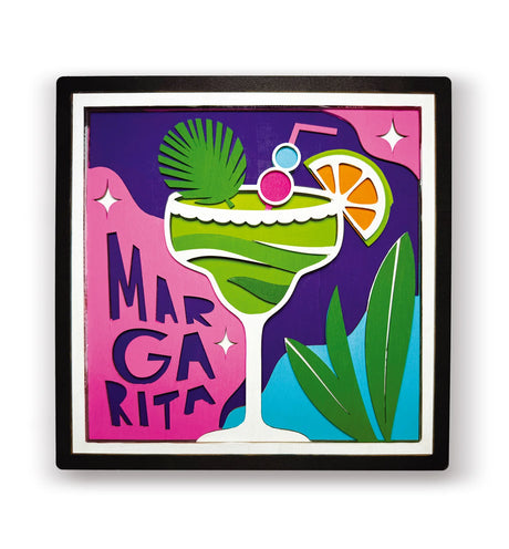 Colorful illustration of a margarita with leaves and a pink background, featuring the word 'Margarita'.