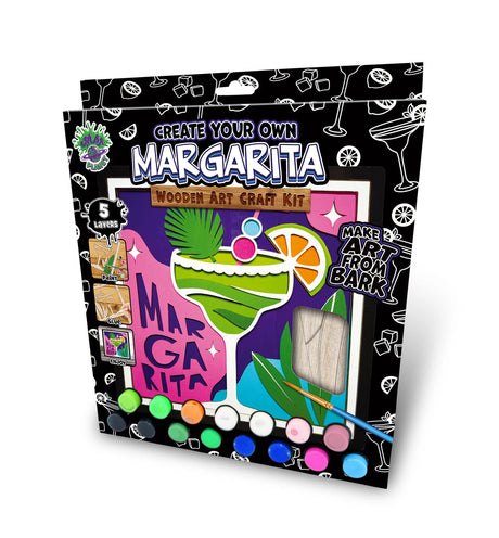 Wooden art craft kit packaging for 'Create Your Own Margarita' on a white background