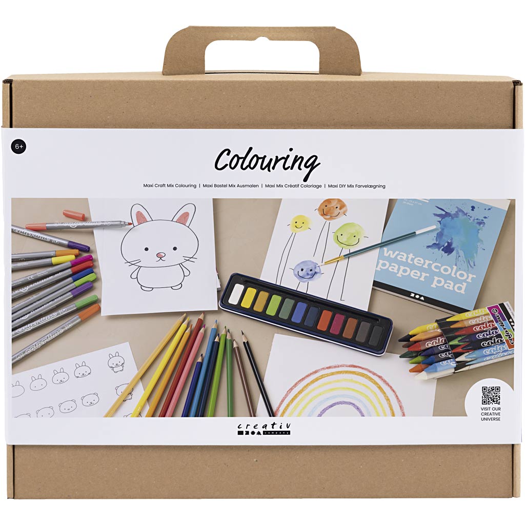 Artistic coloring set with supplies including colored pencils, watercolor paper, and coloring books on a white background.