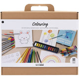 Artistic coloring set with supplies including colored pencils, watercolor paper, and coloring books on a white background.