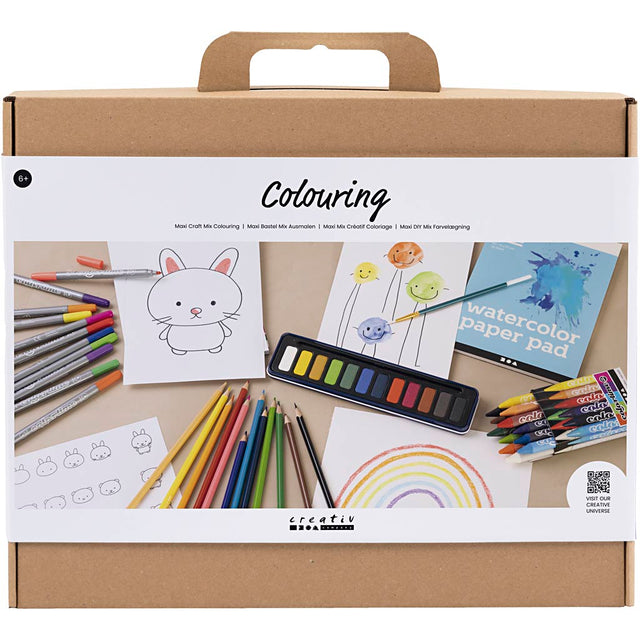 Artistic coloring set with supplies including colored pencils, watercolor paper, and coloring books on a white background.