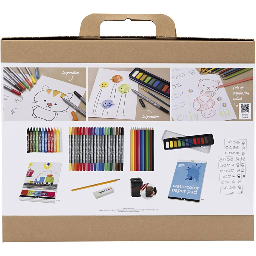 craft supply set with markers, crayons, and paper on a cardboard box packaging.