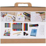 craft supply set with markers, crayons, and paper on a cardboard box packaging.