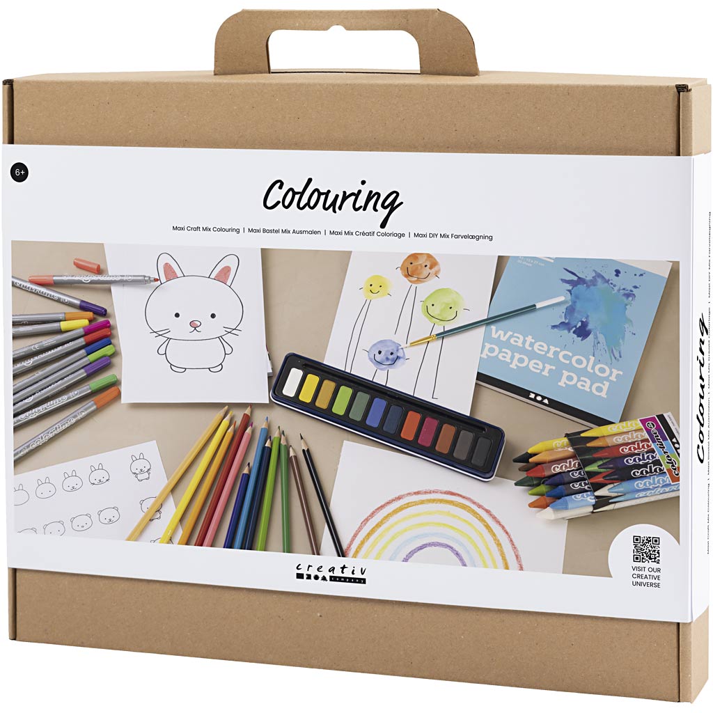 Box of a colouring set with various art supplies on a white background