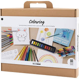 Box of a colouring set with various art supplies on a white background