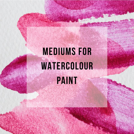 Pink watercolor brush strokes with text overlay 'MEDIUMS FOR WATERCOLOUR PAINT' on a white background