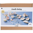 Candle making kit packaging with candles, tools, and shells on a blue background