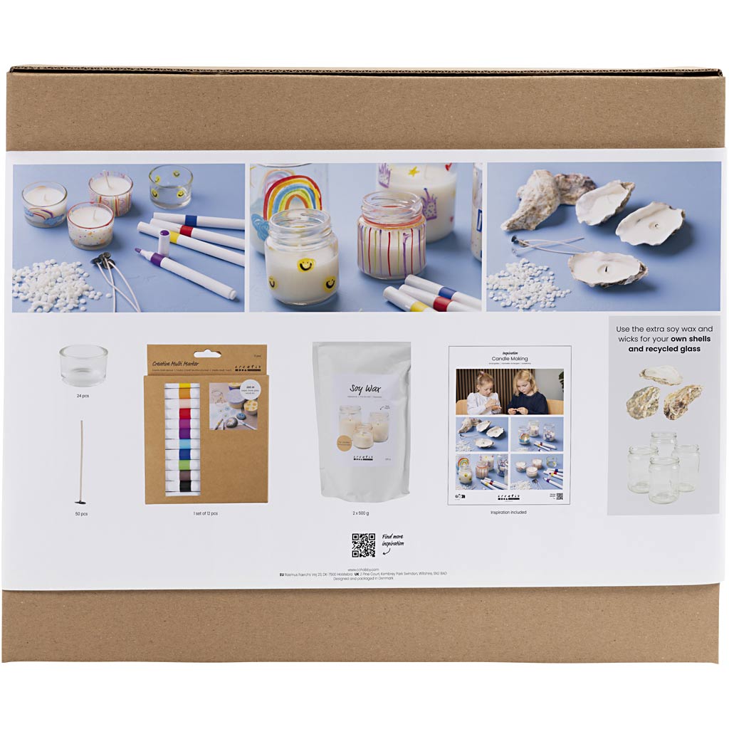 Product packaging with images of candles, clay, and tools on a blue background
