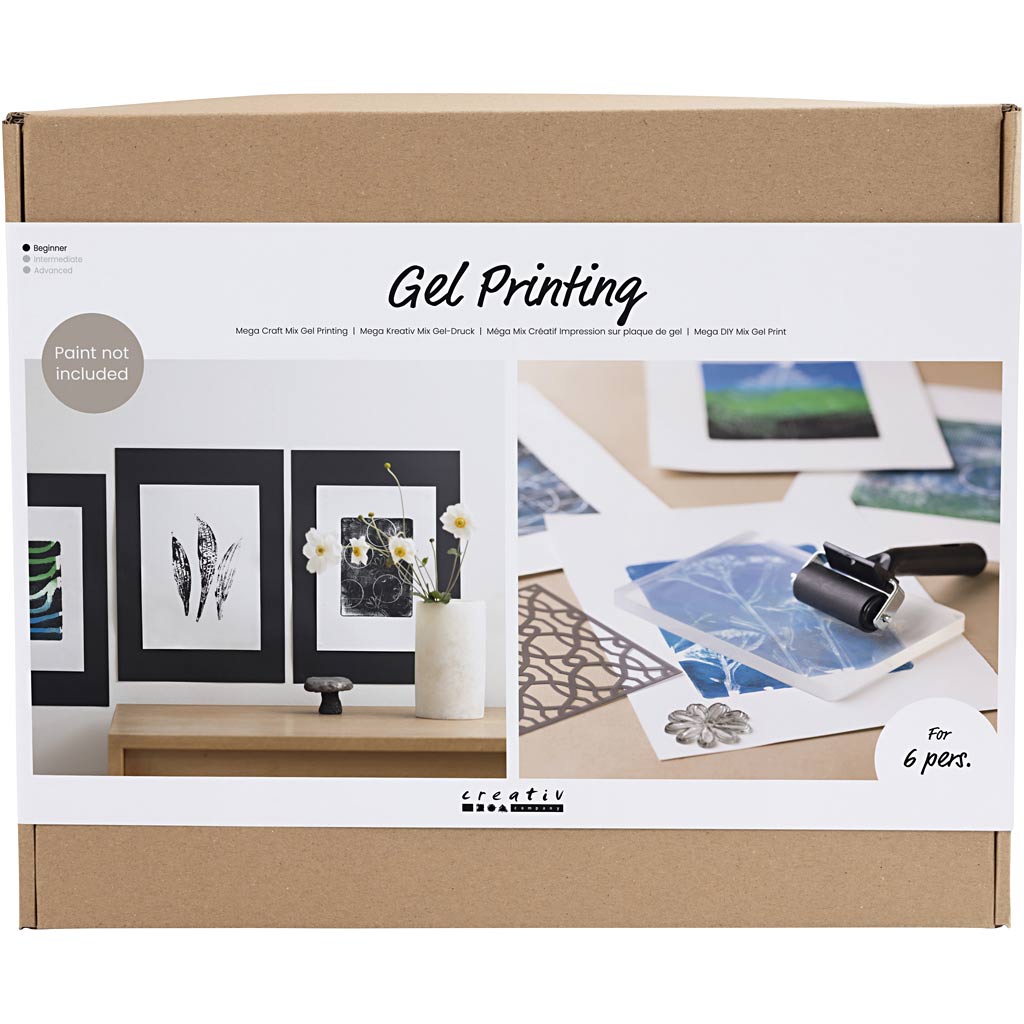 Box for gel printing kit with images of prints and tools on a white background