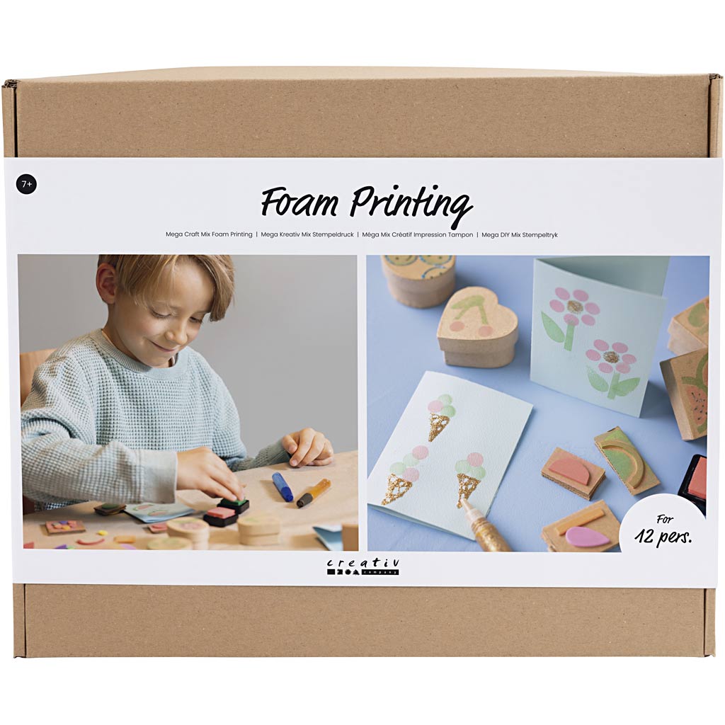 Foam printing kit packaging with child using tools and printed designs.