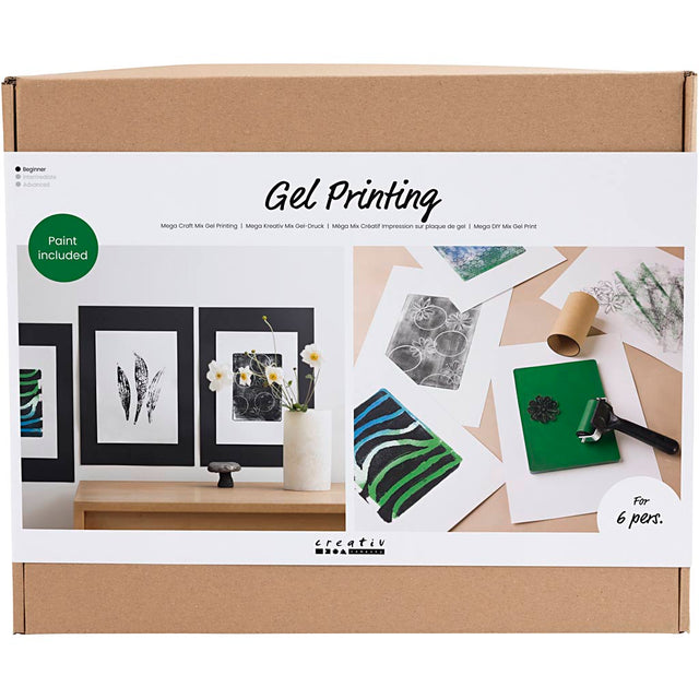 Box for gel printing kit with images of printed designs and materials on a white background.