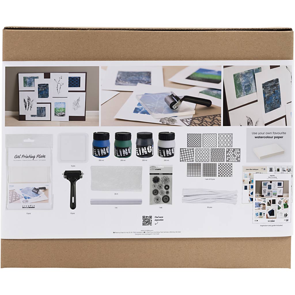 Box containing art supplies with images of items on a white background