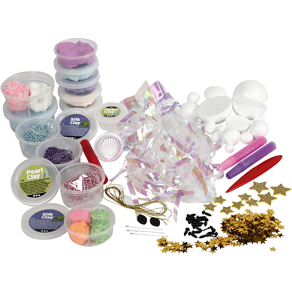 Assorted craft supplies including containers of beads and clay, tools, and decorative items on a white background.