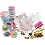 Assorted craft supplies including containers of beads and clay, tools, and decorative items on a white background.