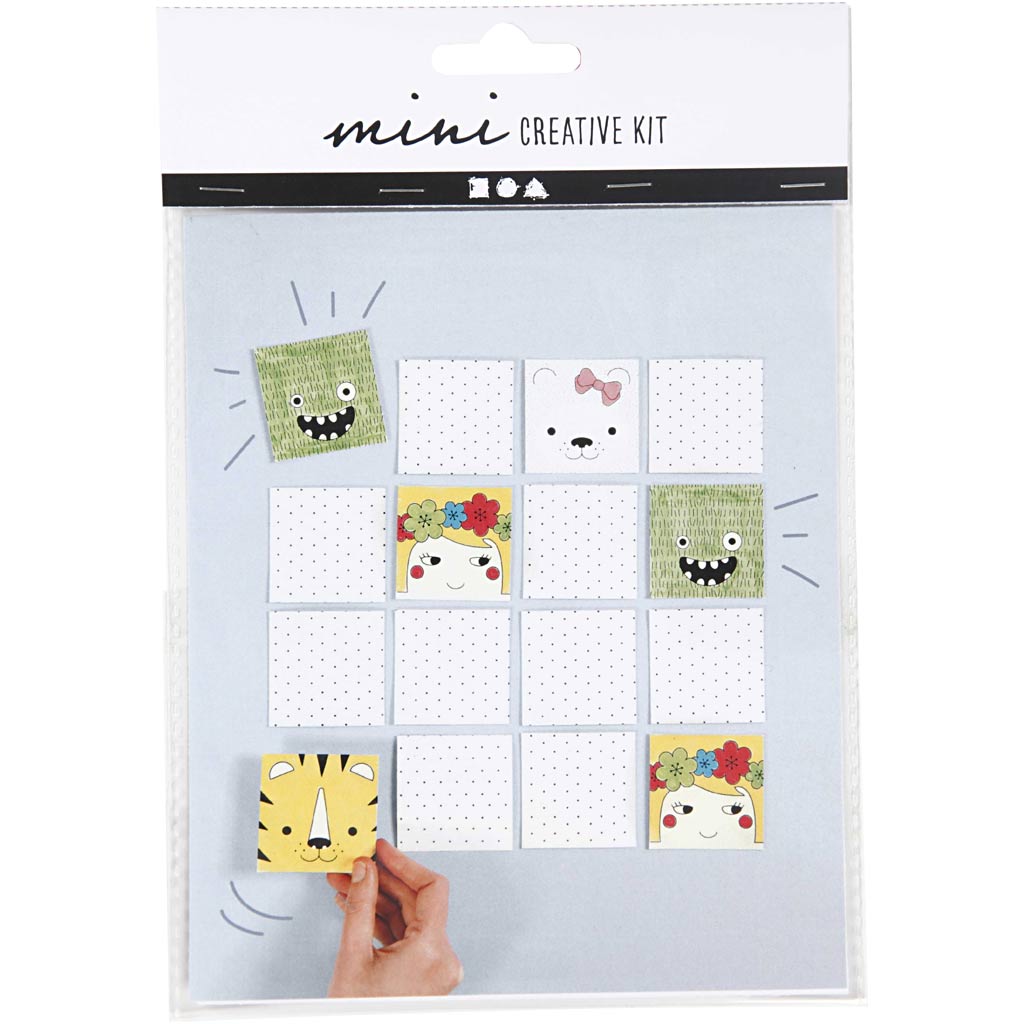 Mini creative kit packaging with colorful animal-themed cards on a white background