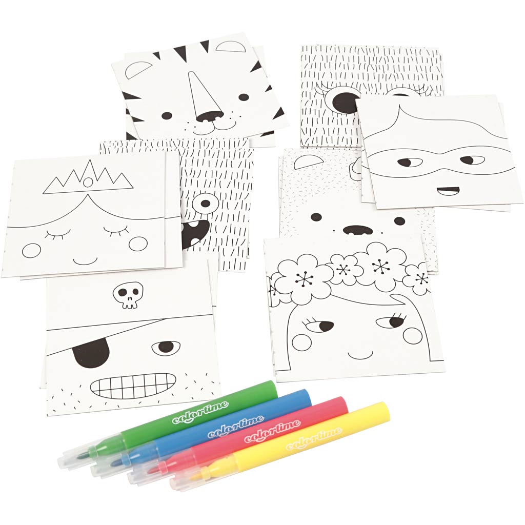 Coloring sheets with face designs and markers on a white background