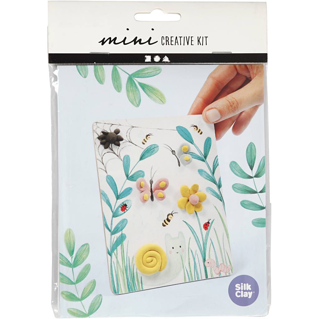 Silk Clay mini creative kit packaging with hand holding a piece of clay art.