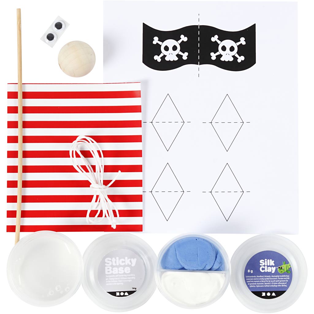 Set of craft materials including a red and white striped paper, wooden stick, black pirate flag, and containers with different substances on a white background.