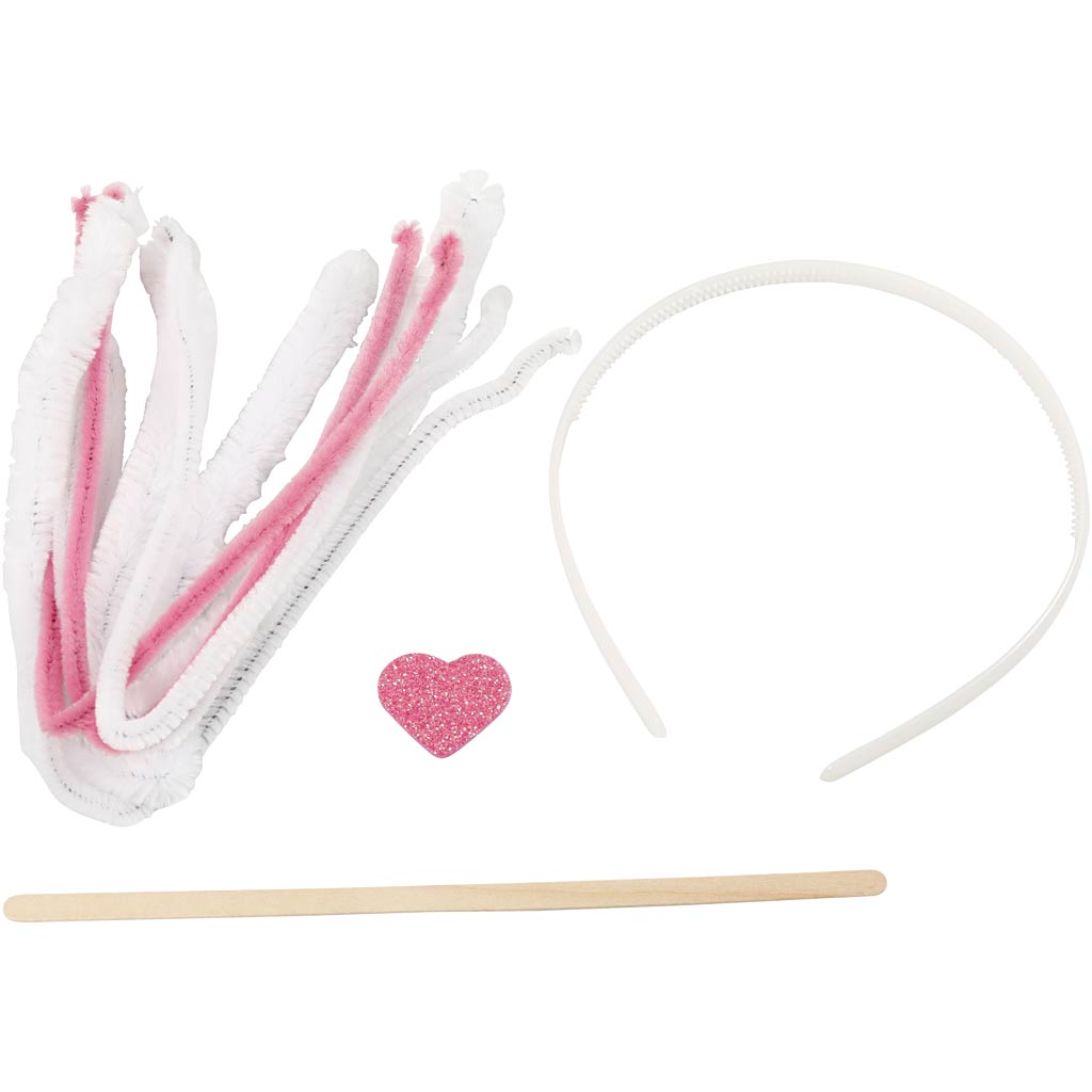 Set of pink and white chenille pipe cleaners with a heart-shaped object and wooden stick on a white background