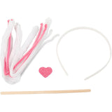 Set of pink and white chenille pipe cleaners with a heart-shaped object and wooden stick on a white background