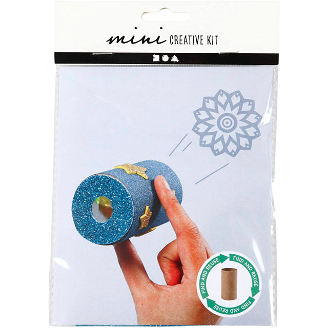 Packaging of a mini creative kit with a blue cylindrical object and hand holding it.