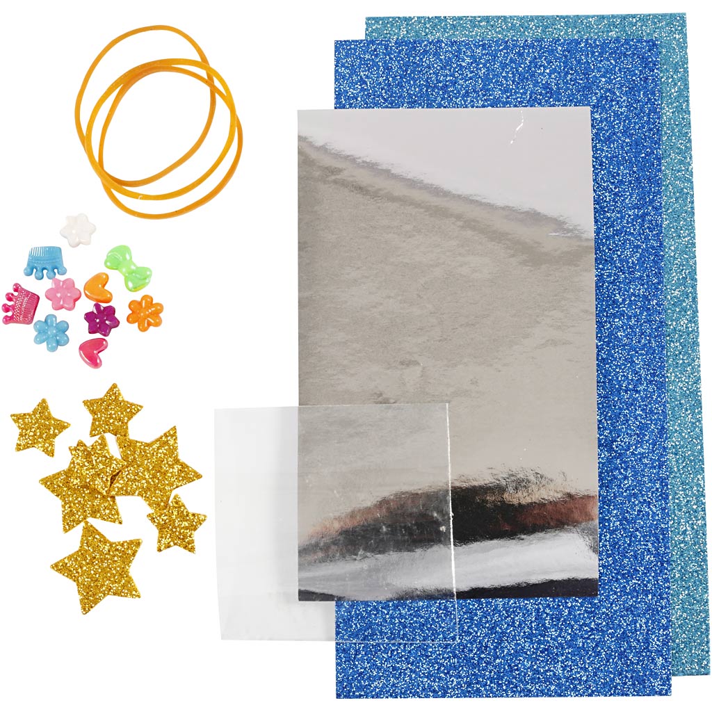 Craft materials including blue glitter paper, gold stars, colorful shapes, and orange rubber bands on a white background.