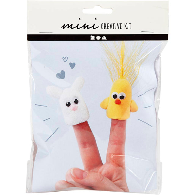 Packaged mini creative kit with finger puppets on a white background
