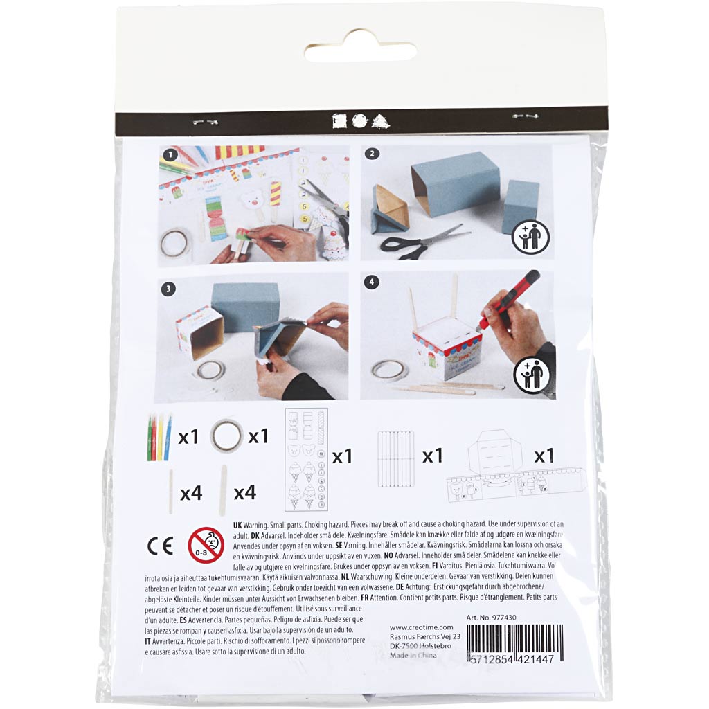 Product packaging with step-by-step instructions and images of a craft project on a white background.