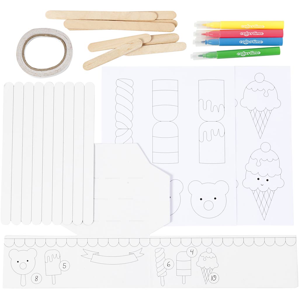 Educational materials including wooden sticks, tape, markers, and coloring sheets with shapes and numbers on a white background.