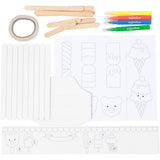 Educational materials including wooden sticks, tape, markers, and coloring sheets with shapes and numbers on a white background.