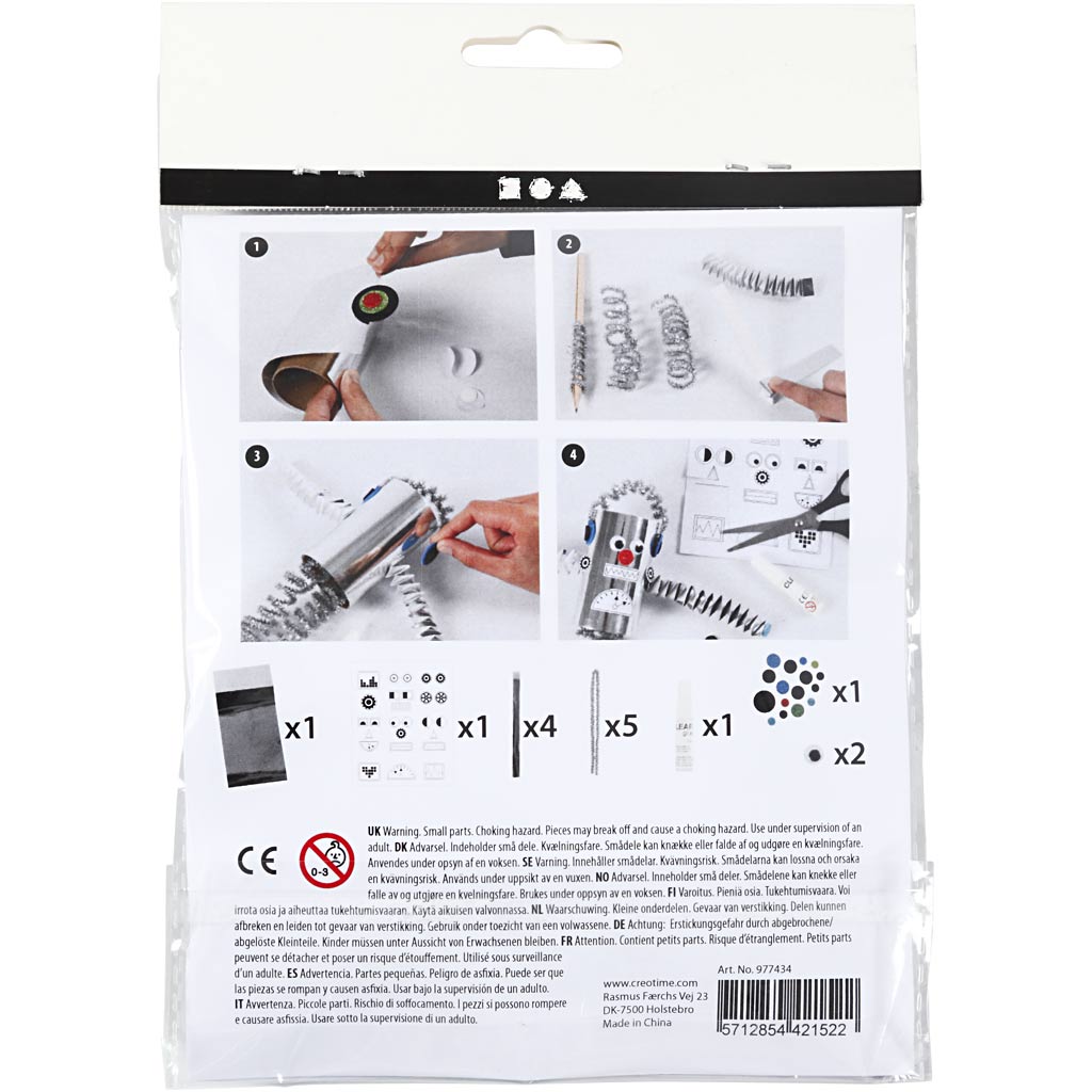 Product packaging with images of a homemade robot and text on a white background