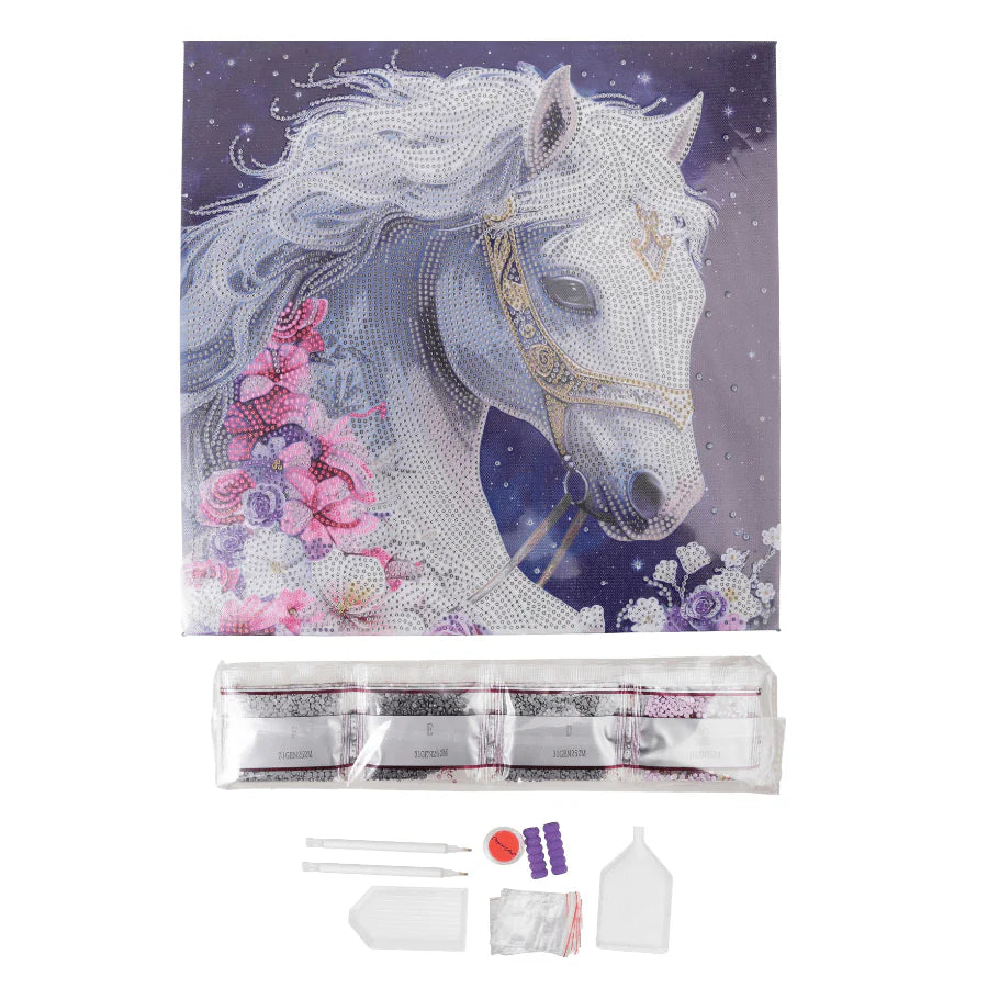 Diamond painting kit with a unicorn design on a purple background