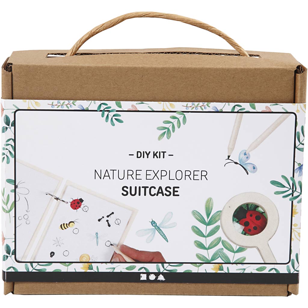 Nature explorer suitcase DIY kit packaging with illustrations of nature-themed items.