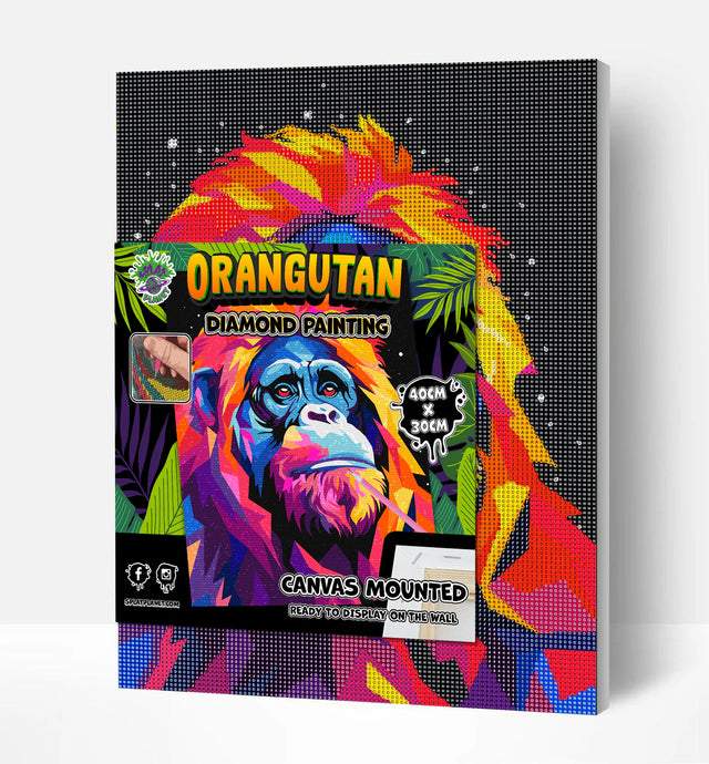 Diamond painting kit packaging with colorful orangutan design on a white background