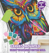Colorful owl diamond painting kit with tools and canvas on a wooden surface