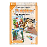 Royal & Langnickel 'Painting by Numbers' kit packaging, featuring orange and white design with cat-themed illustrations and a hand holding a paintbrush.