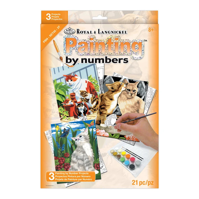 Royal & Langnickel 'Painting by Numbers' kit packaging, featuring orange and white design with cat-themed illustrations and a hand holding a paintbrush.