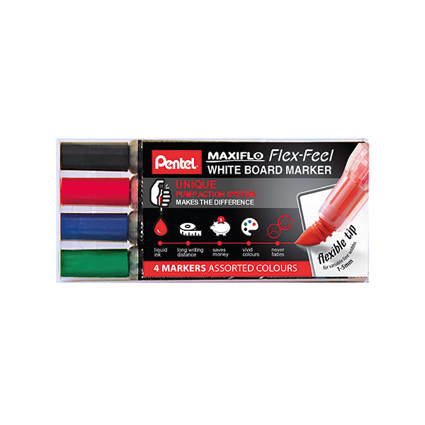 Pentel Maxiflo Flex-Feel Whiteboard Marker Assorted (Pack of 4) YMWL5SBF/4-M
