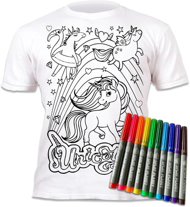 White tshirt with a unicorn design and a pack of coloured markers on a white baclground