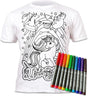 White tshirt with a unicorn design and a pack of coloured markers on a white baclground
