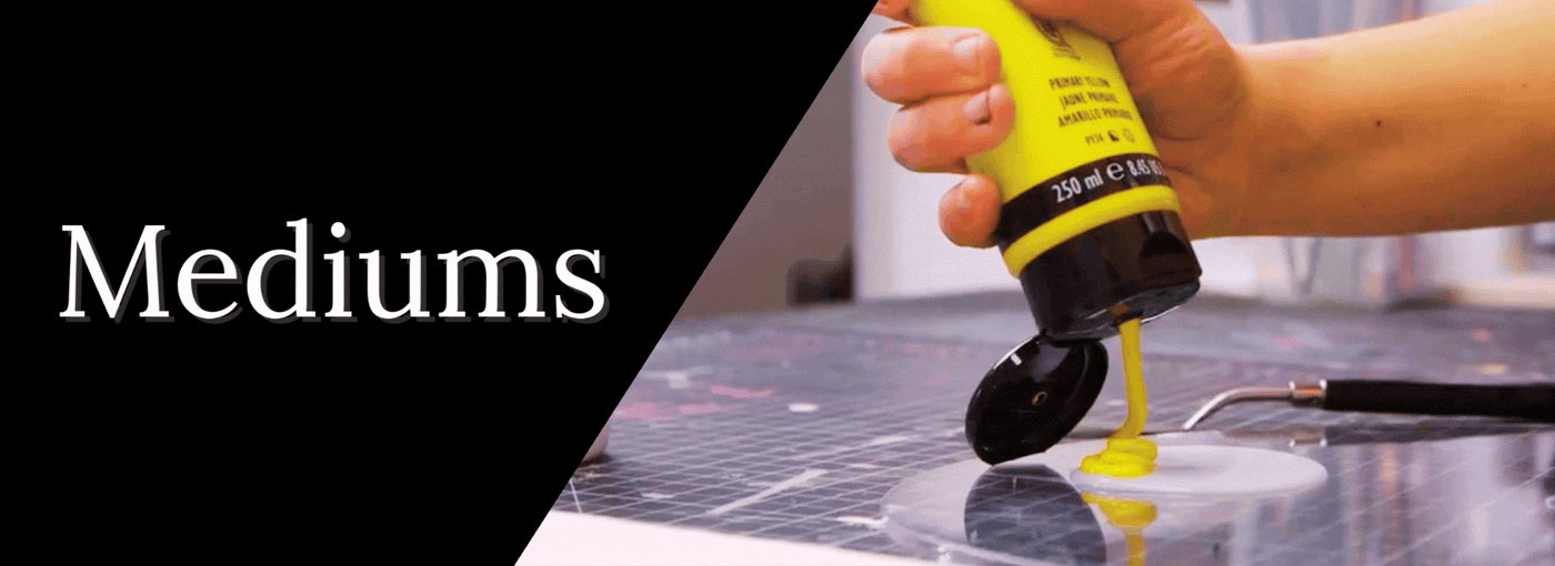Yellow acrylic paint being poured on a white gel medium and mixed with a paint knife next to the word MEDIUMS in white text on a black background