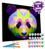 Colorful panda painting on a black background with paint bottles and brushes.